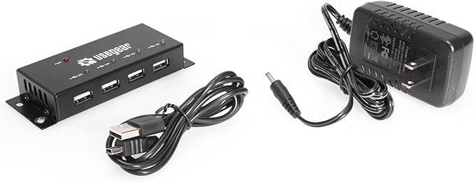 USBGear 4 Port USB 2.0 Mini Metal Hub with Mounting Flanges, 480Mbps Data Transfer, LED Port Indicators, Includes Power Adapter
