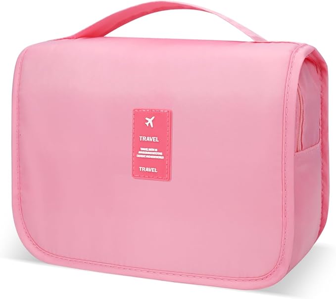 Large Capacity Toiletry Bag Travel Bag with Hanging Hook for Men and Women Waterproof Travel Cosmetic Bag Bathroom Storage Bag for Brushes Set, Full-Sized Shampoo,Accessories(Pink)