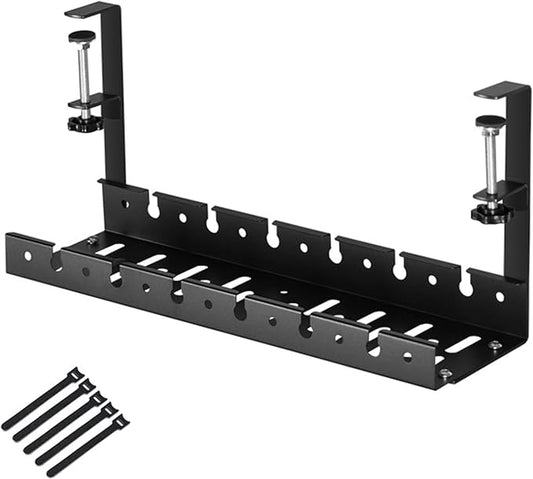 No Drilling Extendable Under Desk Cable Management, Metal Cable Tray Under Desk with Clamp, Retractable Power Strip Cord Holder for Wire