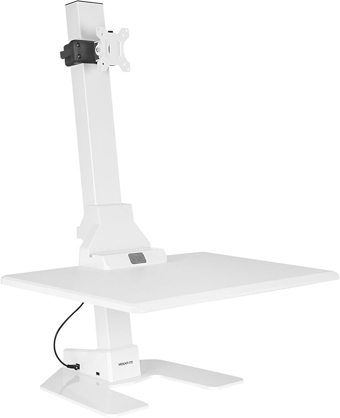 Mount-It! Electric Standing Desk Converter, Adjustable Tabletop Sit Stand Desk Riser with Single Monitor Mount for Monitors up to 32", Freestanding 28" Wide Platform Rises up to 20.75" White