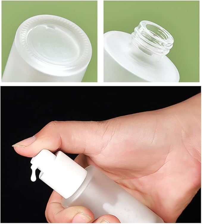3Pcs 30ml 1oz Matte Glass Pump Bottles - Travel & Toiletries Containers with Plastic Lid for Shampoo, Cream, Liquid, Essential Oils