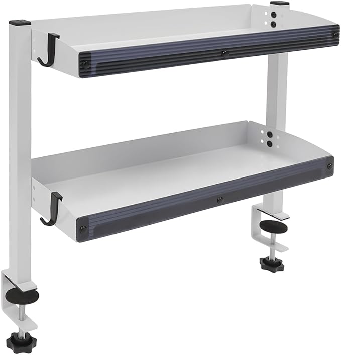 Clamp-On Desk Shelf, 2-Tier Desktop Bookshelf Desktop Supplies Storage Rack with Adjustable Storage Tray and Accessories 1.57in Heightened Guardrail for Office Study Game Room (White)