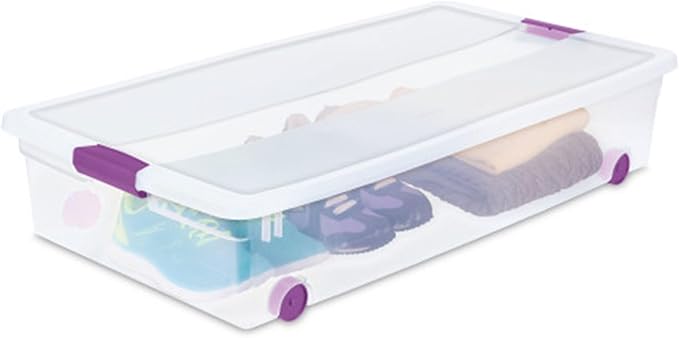 Sterilite 60 Qt ClearView Latch Wheeled Underbed Storage Box, Stackable Bin with Lid, Plastic Container to Organize Underbed, Clear Base, Lid Sweet Plum (Pack of 4)