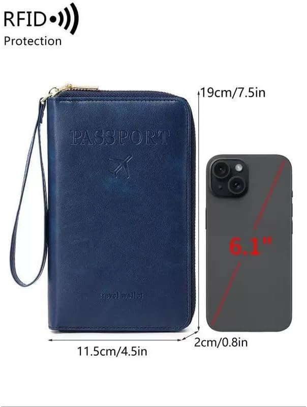 Multi-Functional RFID Passport Wallet,Travel Wallet for Men & Women,With zipper, anti-theft passport holder，Slim Leather Cover for Credit Cards, Tickets, Cash (Green)