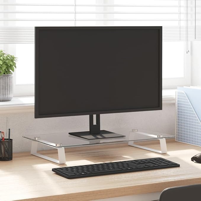 vidaXL White Tempered Glass and Metal Monitor Stand - Ergonomic Computer Screen Riser with Storage Space, 23.6??L x 13.8??W, Minimalist Design