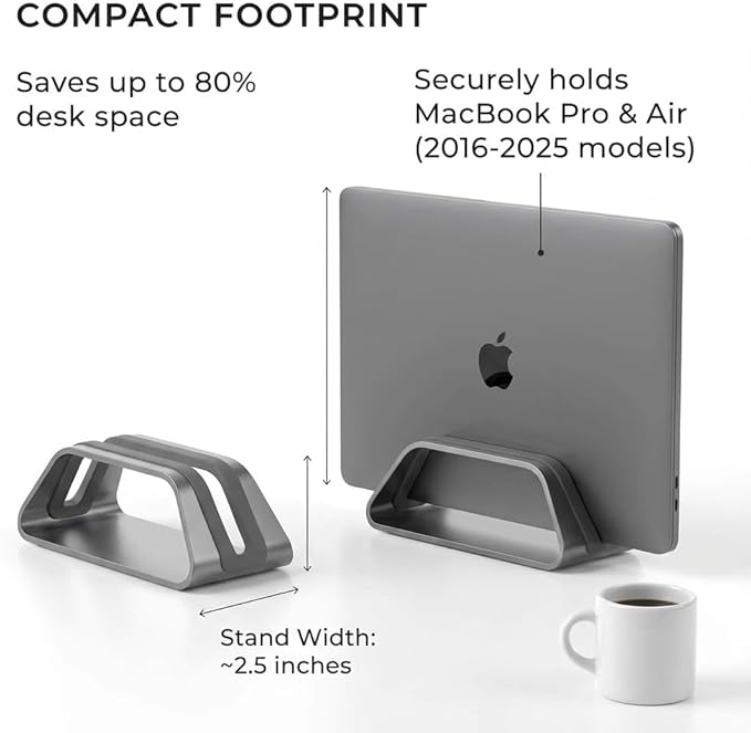 HumanCentric Vertical Laptop Stand Compatible with MacBook Pro and MacBook Air, Holder for Personal Computer Desk Stand, Aluminium, Exchangeable Inserts to Fit Different Device Models, Black