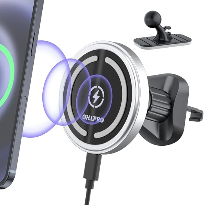 OHLPRO for MagSafe Car Mount Charger iPhone Wireless Car Charger, Stick on Dashboard Magnetic Phone Holder Mount for iPhone 17 Pro Max 16 15 14 Series, 15W Fast Charging, Aluminum Shell