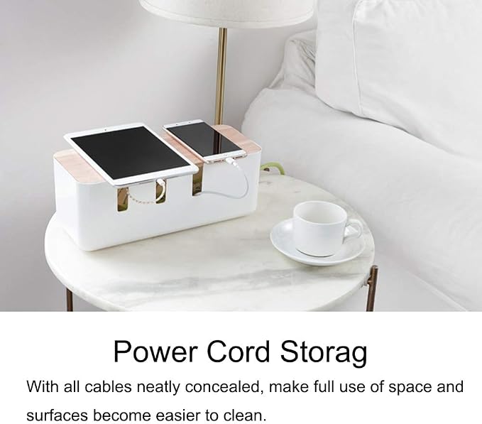 Cable Management Box Organizer with Wooden Cover, 30.3x12.5x11.5cm, for Home Office Desks, ABS Rubber Wood