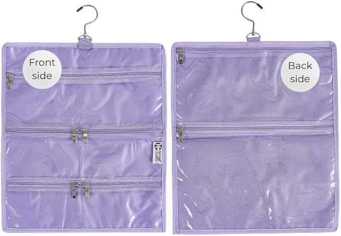 On-The-Go Organizer, 14 Clear Vinyl Pockets, Hanging Travel Case for Makeup and Accessories, 13.5 x 24 inches (Lilac, Small)