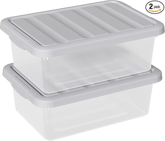 14 Quart Plastic Clear Storage Bin, Stackable Latching Box with Grey Lid, 2 Packs