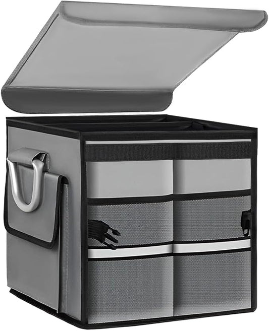 Trunk Organizer With Lid, Collapsible Waterproof Oxford Car Organizer with Aluminum Handle Base Plate, 2-Compartment 28L Sturdy Trunk Cargo Storage Organizer for RV SUV Truck (Gray)