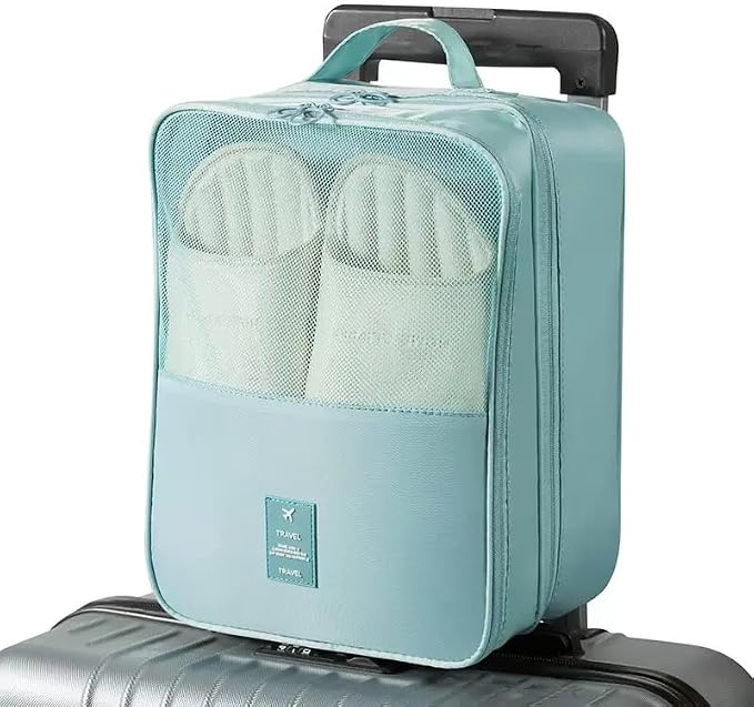 Waterproof Nylon Shoe Bag for Suitcase, Double Layer Portable Shoe Pouch for 3 Shoes, Travel Shoe Storage Bag with Zipper for Men and Women (Lake blue)