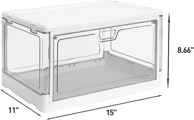 HYBRIDEAS 3-Pack Clear Stackable Storage Bins with Lids Magnetic Doors Open Front Foldable Folding Plastic Craft Containers Large Closet Organizers Box for Bedrooms Living Rooms Study Kids' Toys 24 QT