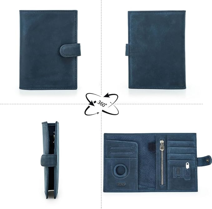 CONTACTS Full Grain Leather Passport Holder Compatible with Airtag RFID Blocking Passport Wallet Travel Slim Passport Cover with SIM Card Removal Tool (Blue)