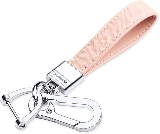 QBUC Genuine Leather Car Keychain,Universal Heavy Duty Metal Key Chain Accessories,Car Fob Key Keychain Holder with 360 Degree Rotatable Snap Swivel and Anti-Lost D-Ring for Men Women（Pink）