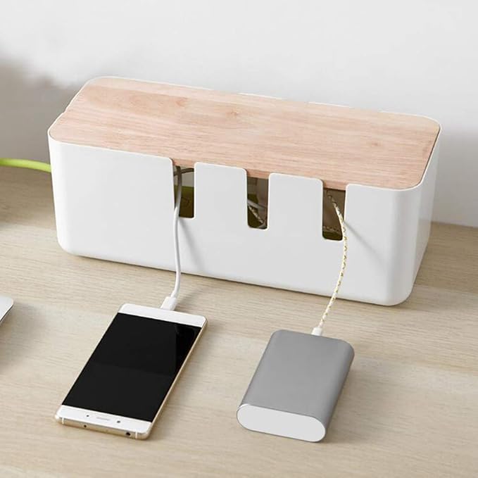Cable Management Box Organizer with Wooden Cover, 30.3x12.5x11.5cm, for Home Office Desks, ABS Rubber Wood