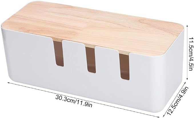 Cable Management Box Organizer with Wooden Cover, 30.3x12.5x11.5cm, for Home Office Desks, ABS Rubber Wood