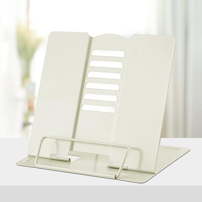 Honagu Book Stand Metal Desk Book Holder, Book Holders for Reading Hands Free, Adjustable Cookbook Documents Holder, Portable Bookstand for Music Books, Textbook, Recipe, Tablet, Ipad (Milky White)