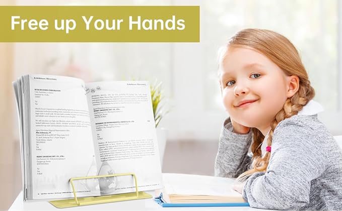 Honagu Book Stand Metal Desk Book Holder, Book Holders for Reading Hands Free, Adjustable Cookbook Documents Holder, Portable Bookstand for Music Books, Textbook, Recipe, Tablet, Ipad（Light Yellow）