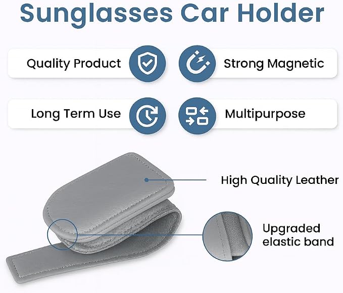 Sunglass Holder for Car Visor Clip Pack 2 - Magnetic Leather Sunglasses Holder- Eyeglass Organizer for Car - Visor Sunglasses Bracket Clip (Gray)
