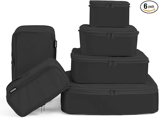 Compression Packing Cubes for Travel, 6-Piece Set (Large/Medium/Small), Double-Zip Luggage Organizers for Suitcase & Carry-On, Clothes Storage Bags (Pure Black, 6 Pack)