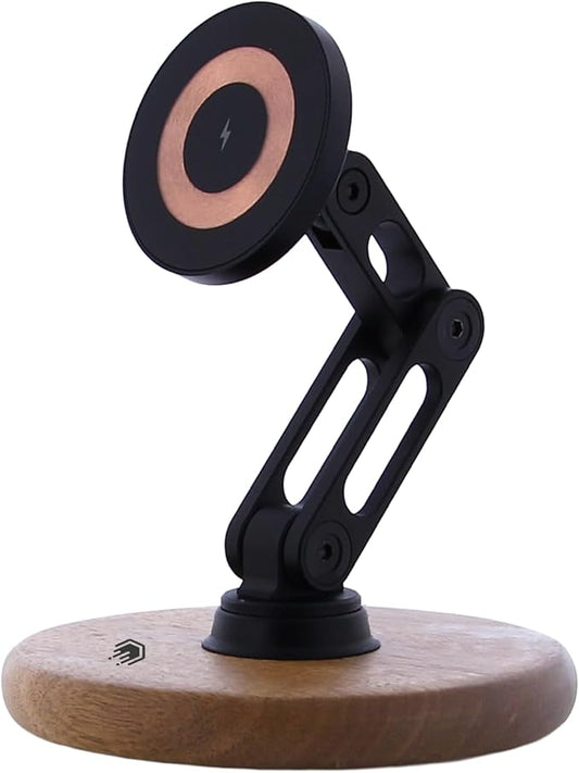 ClikDock Cell Phone Magnetic Wireless Charger Stand, 360° Spin, Aluminum Construction, Compatible with MagSafe Phones for iPhone & Andriod (Oak Wood)