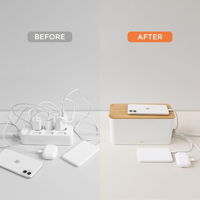 Mooas Small Cable Management Box with Wooden Lid (Large), Cord Organizer Wooden Box for Desk, Home, Office Wire Storage Hider for Power Strips, USB Cables, Charging Cords, and Electronics