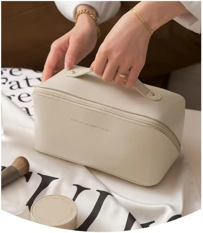 Travel Makeup Bag for Women, Large Capacity PU Leather Toiletry Bag with Multiple Compartments, Waterproof Cosmetic Organizer with Handle, Portable Travel Pouch for Skincare, White