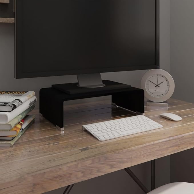 vidaXL Glass TV Stand - Black - Modern Multimedia Unit & Monitor Riser - Desktop, Laptop, Television, Receiver, Consoles - Tempered Glass for Safety & Durability - 15.7"x9.8"x4.3"