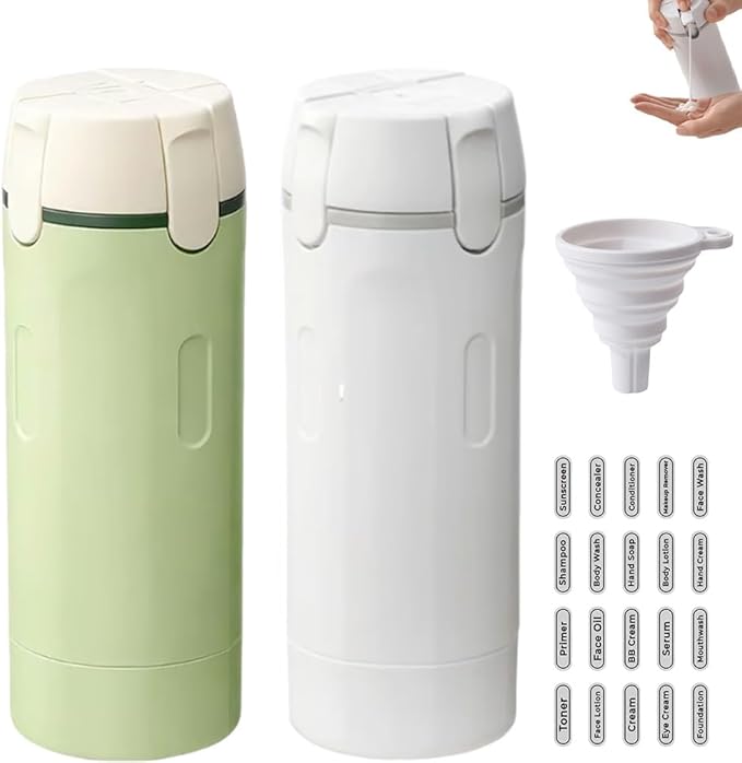 4-in-1 Refillable Travel Dispenser Bottles, 4 in 1 Travel Dispenser Bottle, Portable Refillable Organizer with Pump for Carry on Flight Accessories & Vacation Essentials(Green+White)