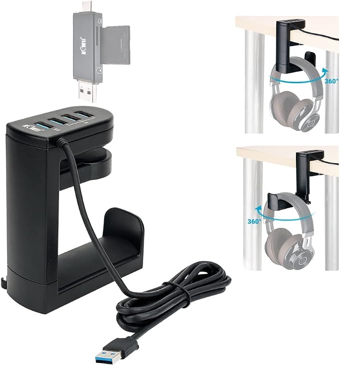 KIWIFOTOS Headphone Stand with 4 USB Ports Hub PC Gaming Headset Holder Hanger 360 Degree Rotation Clamp Under Desk Headphone Hook Mount with Cable Clip Organizer