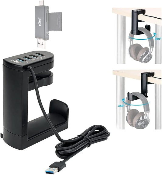KIWIFOTOS Headphone Stand with 4 USB Ports Hub PC Gaming Headset Holder Hanger 360 Degree Rotation Clamp Under Desk Headphone Hook Mount with Cable Clip Organizer