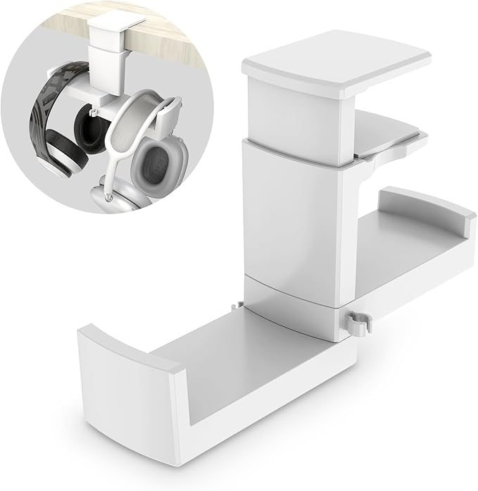 Dual Headphone Stand Holder - EURPMASK 2 in 1 PC Gaming Headset Hooks, 360 Degree Rotating Headphone Hanger with Adjustable Clamp & Cable Clip Organizer, Headset Mount Under Desk Earphone Clamp-White