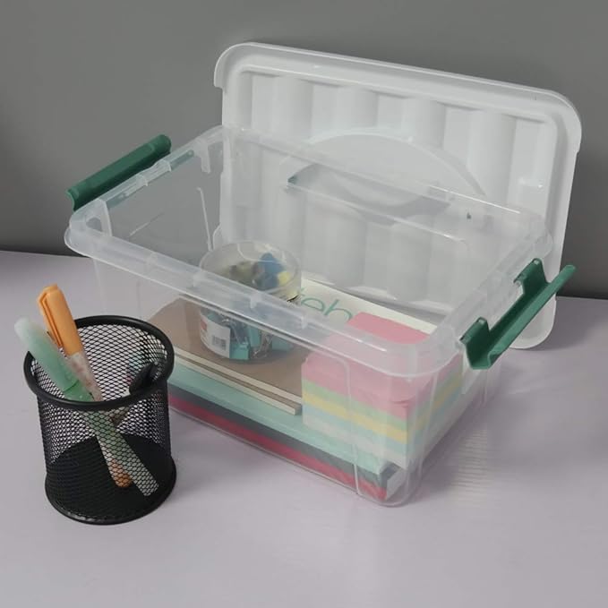 Gloreen 6 Quart Clear Storage Bins with Lid and Green Handle, Multipurpose Stackable Plastic Storage Latches Box/Containers, Set of 2