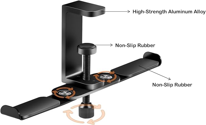 2 Hooks Aluminum Foldable Headphone Holder for Desk, Headset Stand for Desk,Backpack Holder Hook for Desk,Table Bag Hook,Under Desk Clamp Hook for Gaming PC Accessories,Black