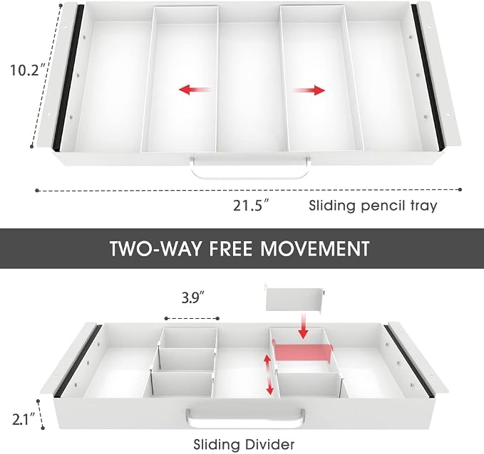 Large Size Under Desk Slide out Pencil Drawer White with Adjustable Space Divider Design for Storing Pencil and Office Accessories, Underdesk Pull out Tray Organizer Mounted for Sit Stand Workstation