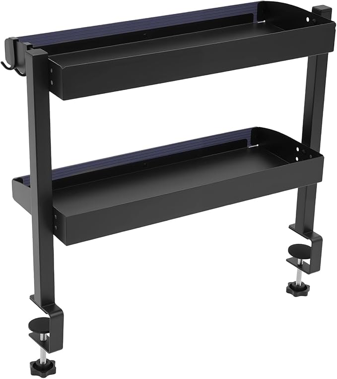 Clamp-On Desk Shelf, 2-Tier Desktop Bookshelf Desktop Supplies Storage Rack with Adjustable Storage Tray and Accessories 1.57in Heightened Guardrail for Office Study Game Room (Black)