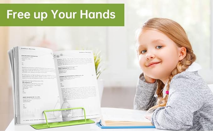 Honagu Metal Desk Book Holder, Hands Free Adjustable Cookbook & Document Holder, Portable Bookstand for Music Books, Textbooks, Recipes, Tablets & iPads (Green)