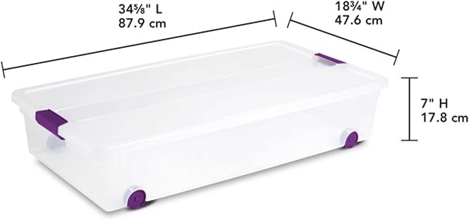 Sterilite 60 Qt ClearView Latch Wheeled Underbed Storage Box, Stackable Bin with Lid, Plastic Container to Organize Underbed, Clear Base, Lid Sweet Plum (Pack of 4)