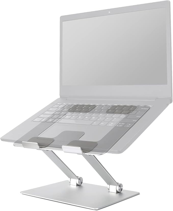 Amazon Basics Sturdy and Portable Ergonomic Laptop Stand for Desk, Height Adjustable Riser with Ventilated Cooling, Foldable, Fits all Laptops up to 17.3 Inch, Silver, 10 x 8.7 x 6 in