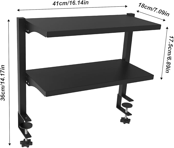 Clamp On Desk Shelf 2 Tier Office Desk Shelves Organizer, Adjustable Above or Under Desk Storage Shelves, Tabletop Book Storage Rack Heavy Duty Desktop Organizer for Working and Gaming Accessories