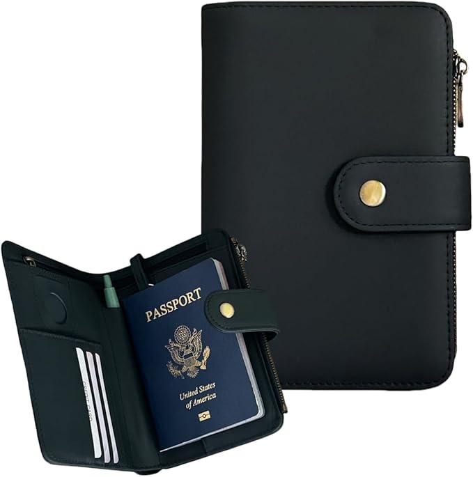 Genuine Leather Passport Wallet, RFID Blocking Passport Holder with Tracker Slot, All in One Travel Wallet for Women/Men, Secure Passport Cover Case for Airport Essentials (Black)