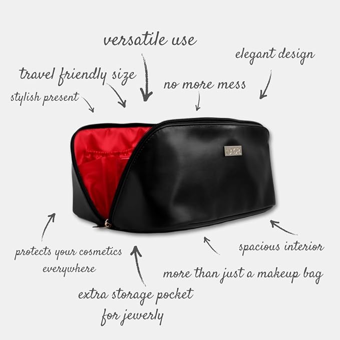 NAORI Travel Makeup Bag for Women | Large Luxury Cosmetic Organizer with Handle & Inner Pockets | Waterproof Faux Leather Toiletry Bag | Makeup Case for Home, Travel & Gifting (Elegant Black)