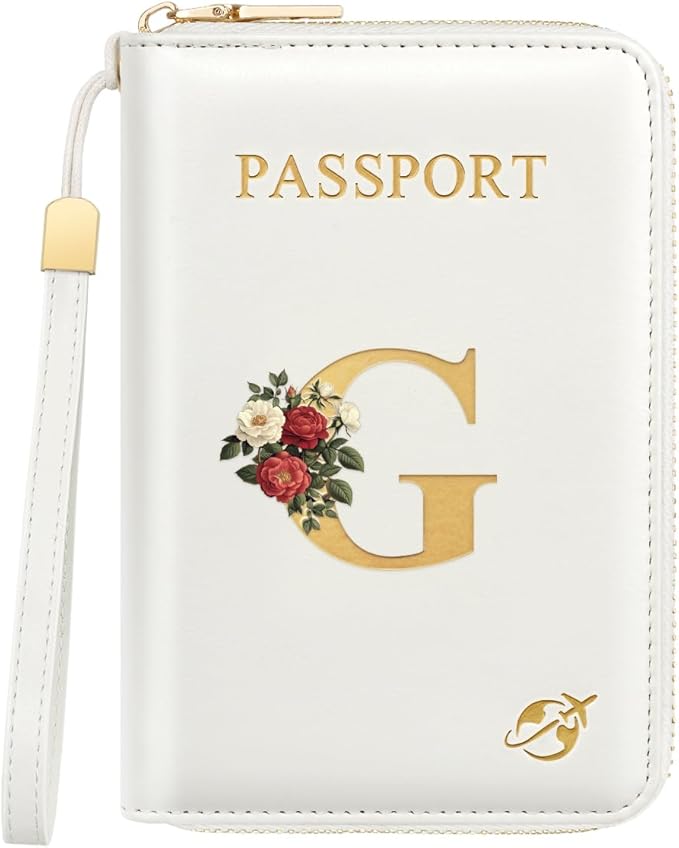 Passport Holder for Travel Personalized Passport Holder Initial Letter Rose Flower RFID Blocking Travel Wallets Credit Cards Holder for Women Men, White G