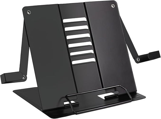 Metal Desk Book Stand for Reading with Adjustable Clips, Hands-Free Foldable Book Holder for Kids, Portable Document Stand for Desk, Display Stand for Recipes, Cookbooks, Tablets - Black