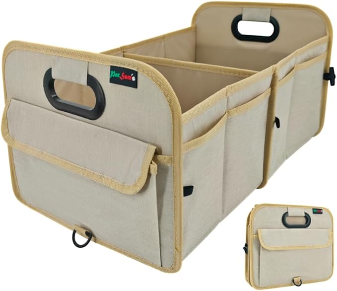 PAT SAM'S Trunk Organizer for SUV, Foldable Car Storage Organizer with Dividers, Waterproof Oxford, Collapsible Car Storage Box with Pockets for Grocery, Tools, Travel (Beige)
