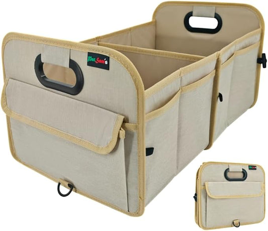 PAT SAM'S Trunk Organizer for SUV, Foldable Car Storage Organizer with Dividers, Waterproof Oxford, Collapsible Car Storage Box with Pockets for Grocery, Tools, Travel (Beige)