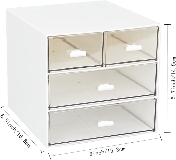 Desk Organizer with 4 Drawers, Clear Plastic Desk Storage Box, Desktop Organization for Office Supplies, Gel Pens, Pencils, Markers, Tape, Erasers, Paperclips, Chargers (White-4 Draws)