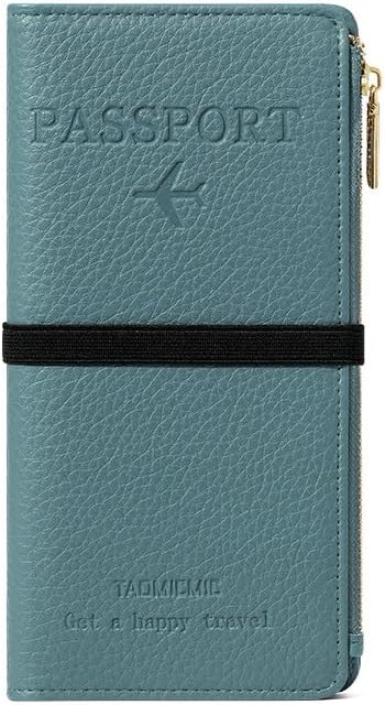 DOB SECHS Passport Holder for Travel Women RFID Blocking Leather Passport Wallet Travel Document Organizer Pouch Bag, Slim Passport Cover Case with Zipper Cash Pocket Purse+Card Slots+ID Window, Blue