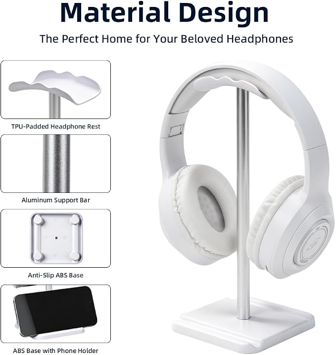Headphone Stand, Headset Holder with Phone Holder for Desk Office Gaming, TPU-Padded Headrest, Aluminum Pole, Anti-Slip ABS Base, Universal Earphone Stand, 2 Pack White